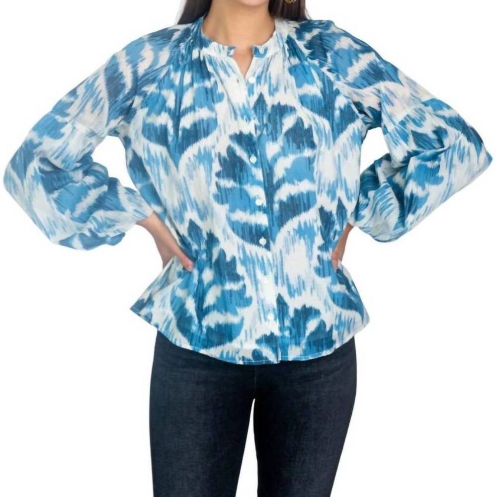 OLIVIA JAMES THE LABEL Emory Blouse in Damask Sky Cotton Blue/Ivory Size XS